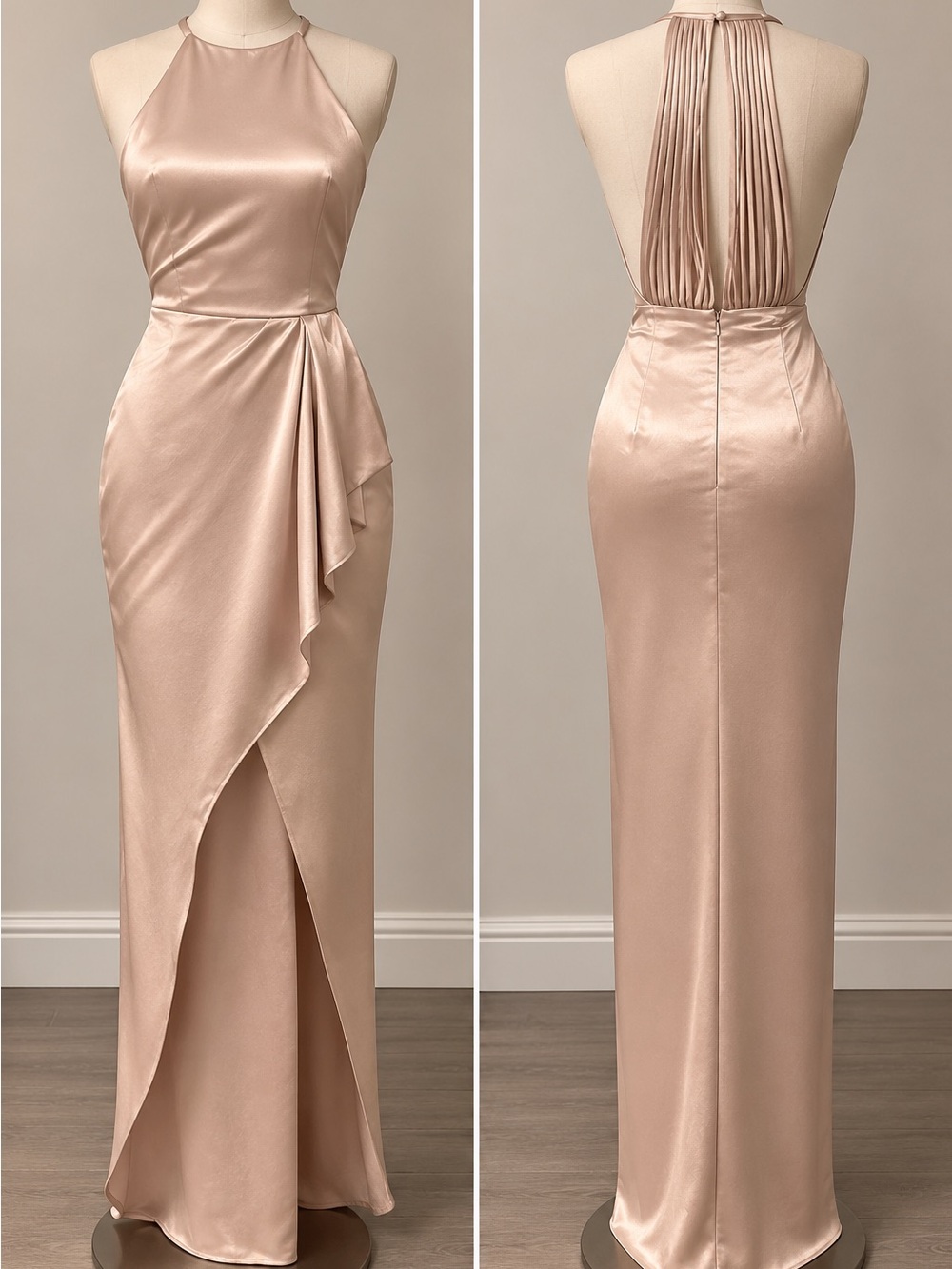 Ever New Blush Satin Halter-Back Evening Gown